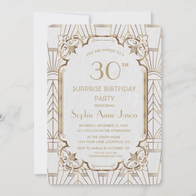 White Gold Great Gatsby Art Deco Birthday Party Invitation (Front)
