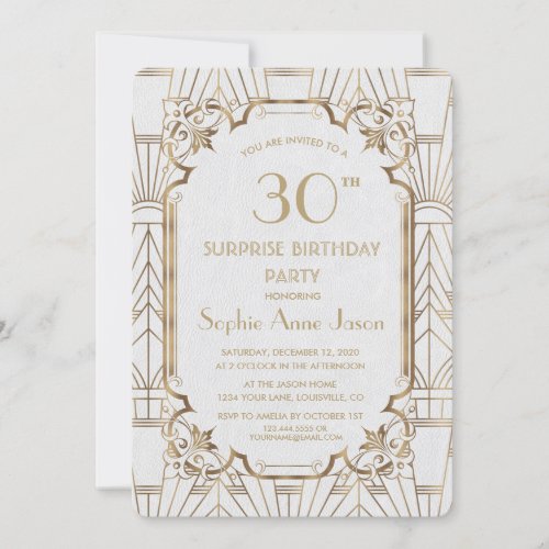 White Gold Great Gatsby Art Deco Birthday Party Invitation