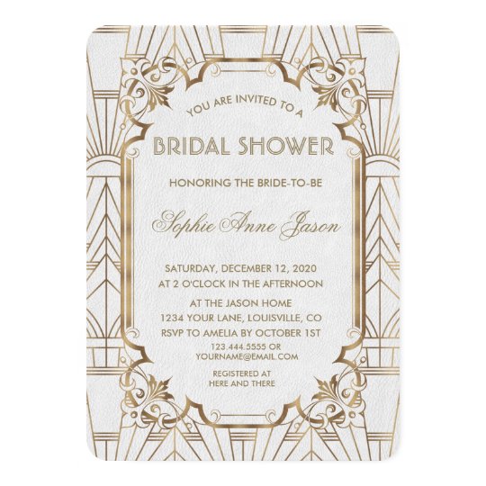 White Gold Great Gatsby Art Deco Bridal Shower Invitation