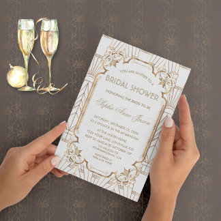 White Gold Great Gatsby Art Deco Bridal Shower Invitation