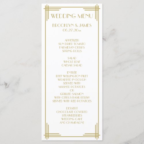 White Gold Great Gatsby Art Deco Wedding Menu Card