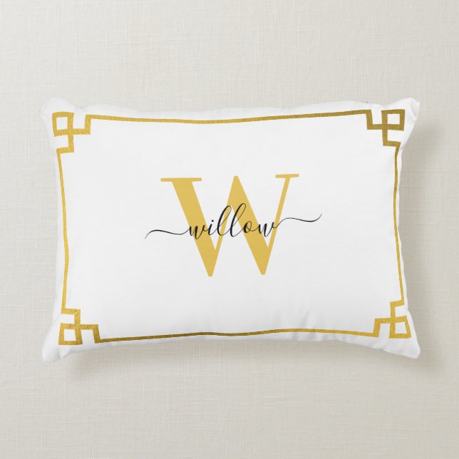 White & Gold Greek Key Monogrammed Accent Pillow (Front)