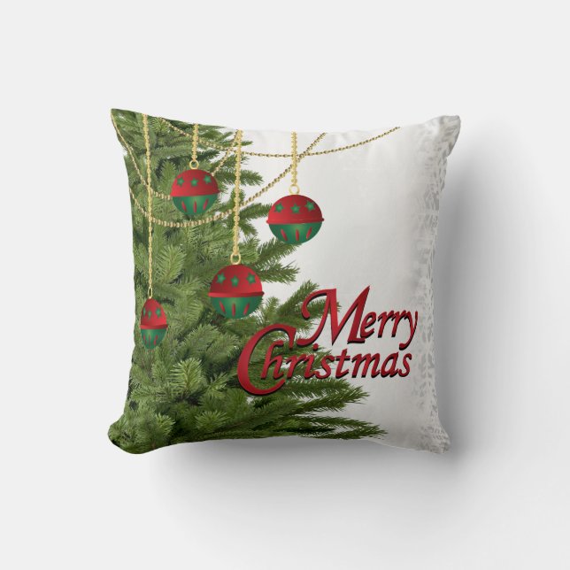 White, Gold, Green and Red Merry Christmas Throw Pillow (Front)