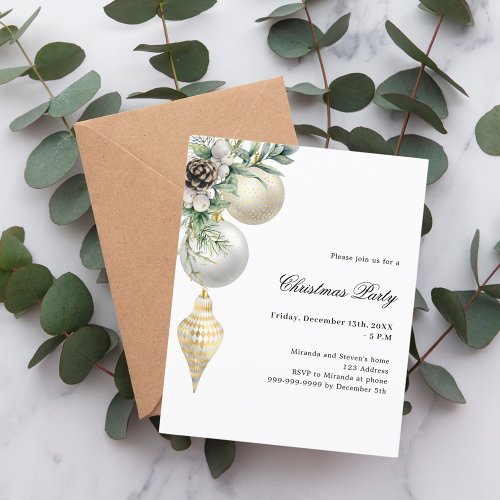 White gold green bauble Christmas Party invitation