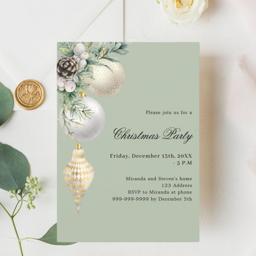 White gold green baubles Christmas Party Invitation