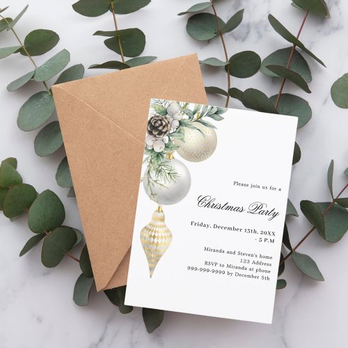 White gold green baubles Christmas Party Invitation