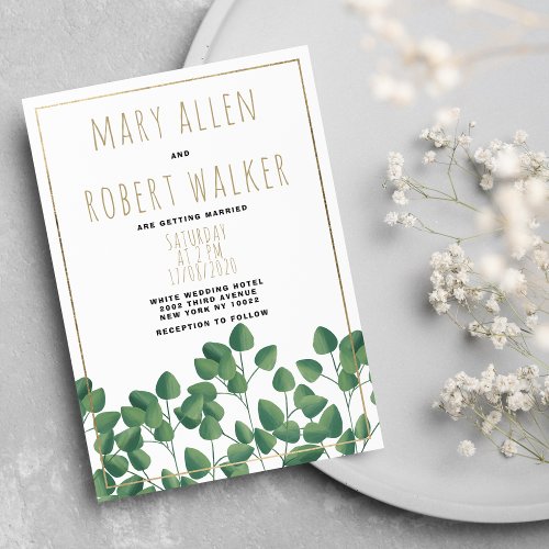 White gold green eucalyptus leaf greenery wedding invitation