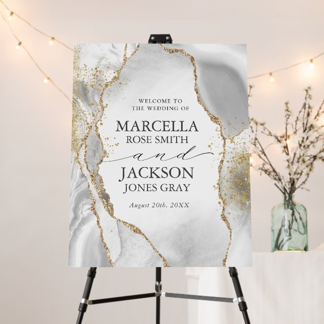 White, Gold & Grey Mist Agate Wedding Foam Board (In Situ (Stand))