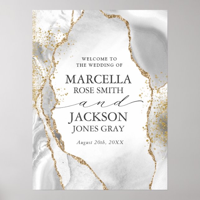 White, Gold & Grey Mist Agate Wedding Poster (Front)