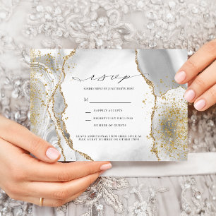 White, Gold & Grey Mist Agate Wedding RSVP Invitat Invitation
