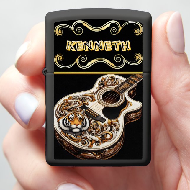 White Gold Guitar with Tiger Engraving Zippo Lighter (In Hand)