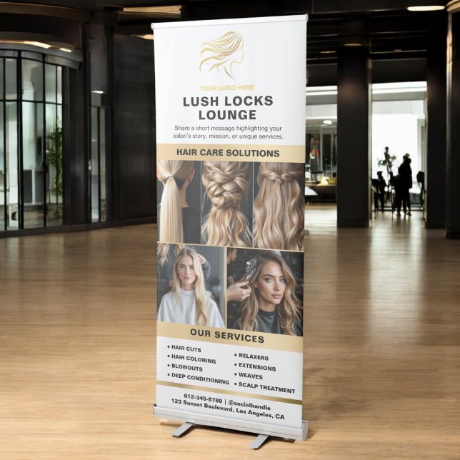 White Gold Hair Salon Services Photo Collage Logo Retractable Banner (Creator Uploaded)
