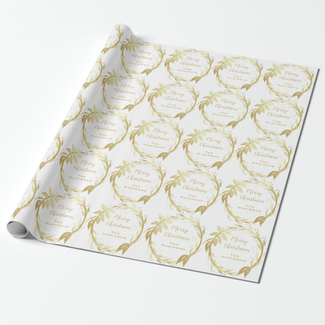 White Gold Hand Lettered Merry Christmas Wreath Wrapping Paper (Unrolled)