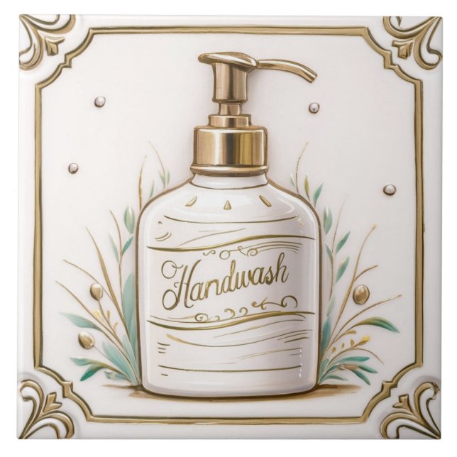 White & Gold Handwash Soap Pump Bottle Bathroom Ceramic Tile (Front)