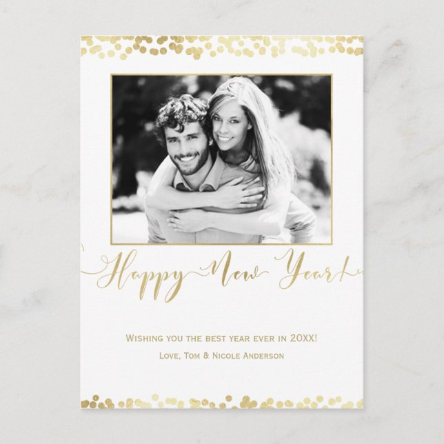 White & Gold Happy New Year Modern Chic Photo Holiday Postcard (Front)