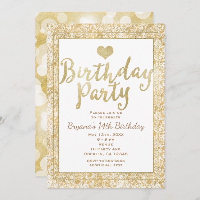 White & Gold Heart Glam Birthday Party Invitation (Front/Back)
