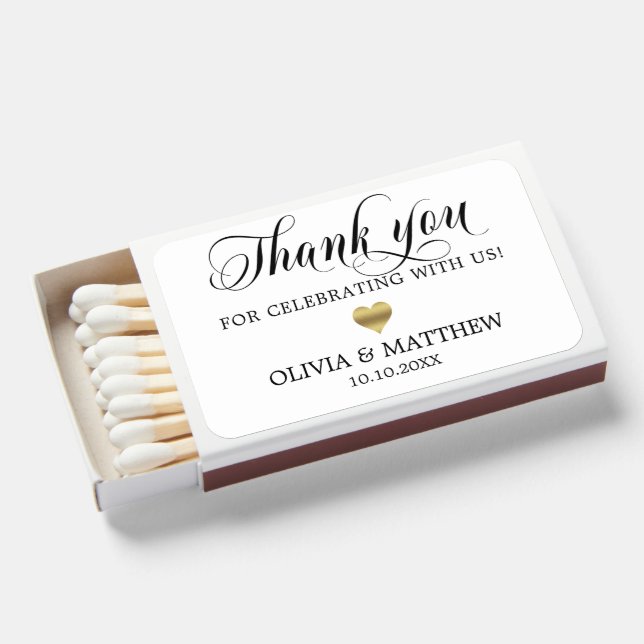 White Gold Heart Thank You Wedding Matchboxes (Front Open)