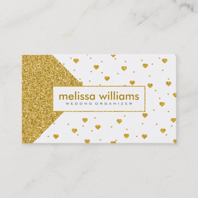 White & Gold Hearts Geometric Design Business Card (Front)