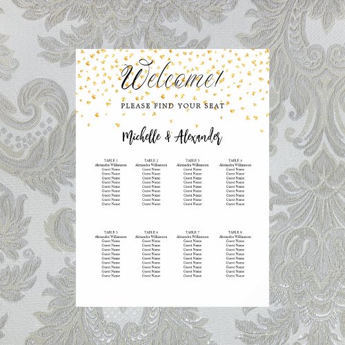 White gold hearts modern wedding 9 seating chart