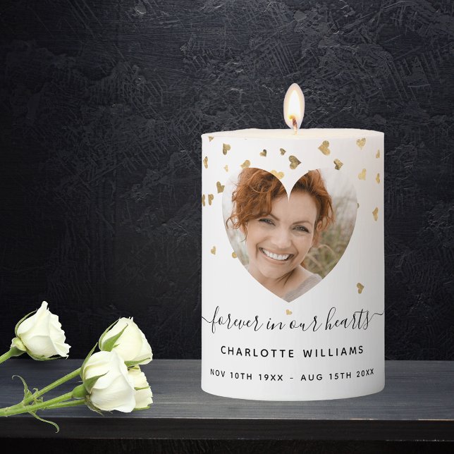 White gold hearts photo funeral memorial pillar candle (Creator Uploaded)