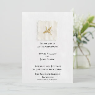 White Gold Heron Linen Tag Elegant Wedding Invitation