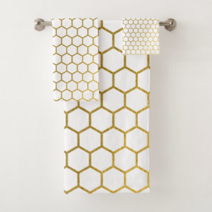White & Gold Hexagon Geometric Pattern Bath Towel Set