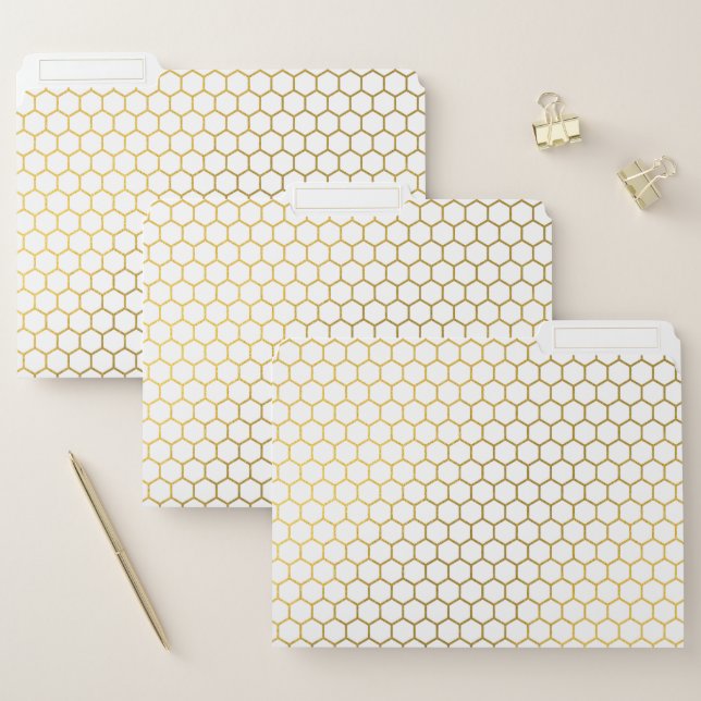 White & Gold Hexagon Geometric Pattern File Folder (Set)