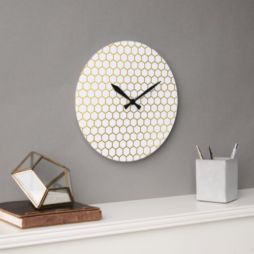 White  Gold Hexagon Geometric Pattern Large Clock