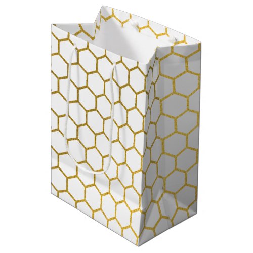 White  Gold Hexagon Geometric Pattern Medium Gift Bag