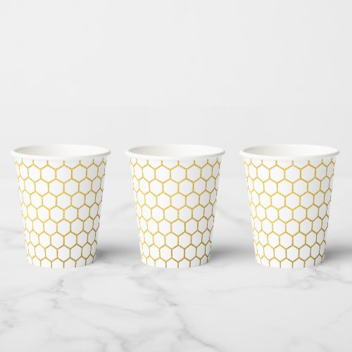 White  Gold Hexagon Geometric Pattern Paper Cups