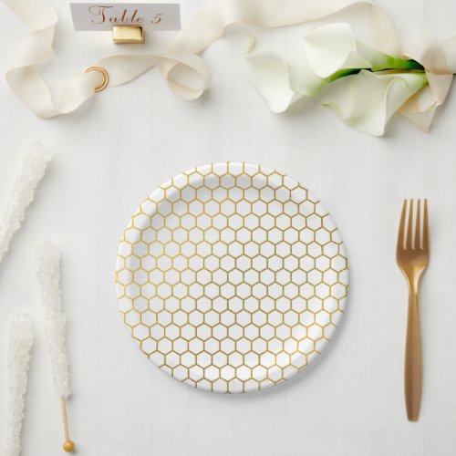 White  Gold Hexagon Geometric Pattern Paper Plates