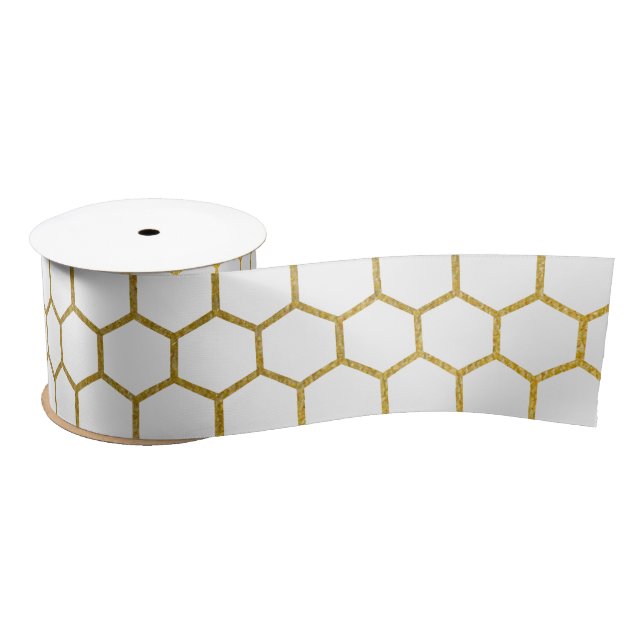White & Gold Hexagon Geometric Pattern Satin Ribbon (Spool)