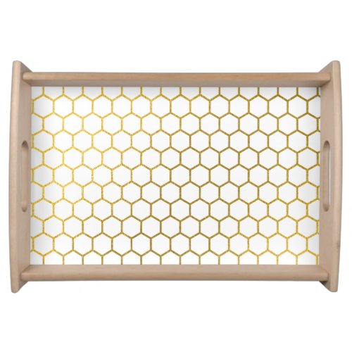 White  Gold Hexagon Geometric Pattern Serving Tray