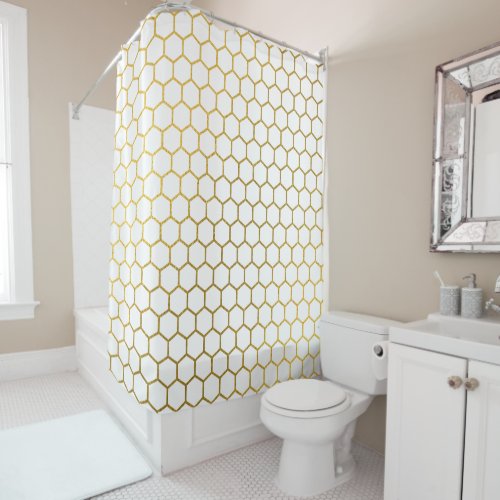 White  Gold Hexagon Geometric Pattern Shower Curtain