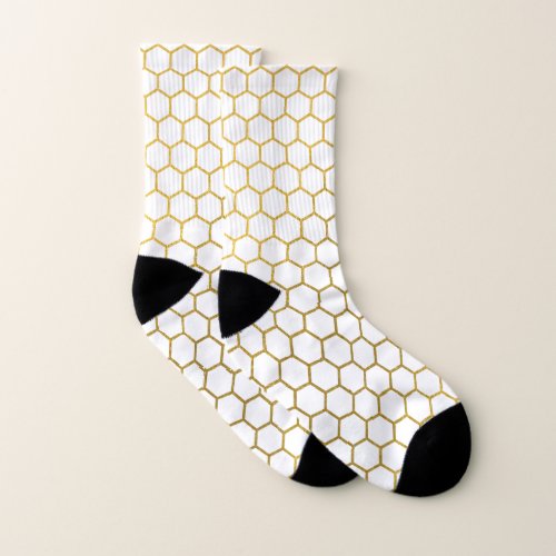 White  Gold Hexagon Geometric Pattern Socks