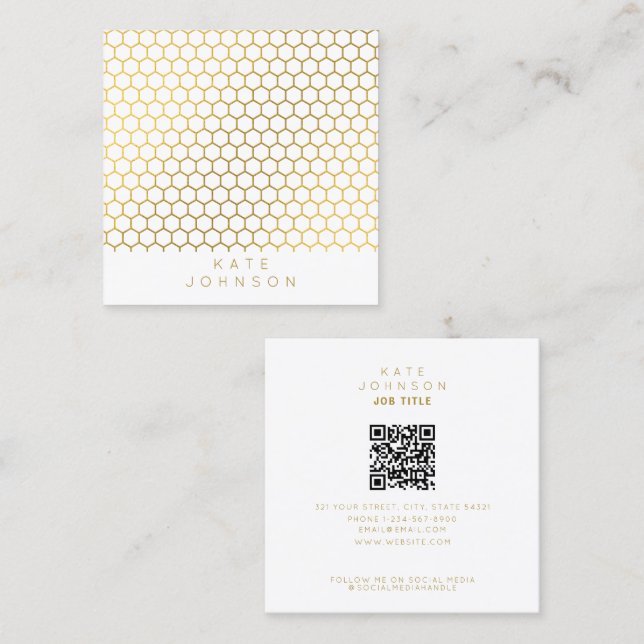 White & Gold Hexagon Geometric QR Code Square Business Card (Front/Back)