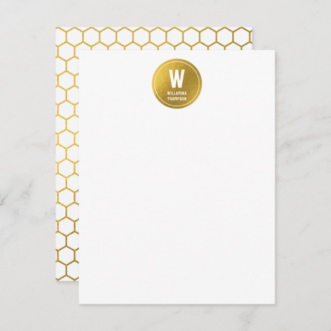 White & Gold Hexagon Pattern Monogram Initial Note Card (Front/Back)