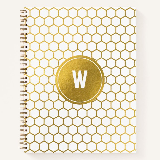 White & Gold Hexagon Pattern Monogrammed Initial Notebook (Front)