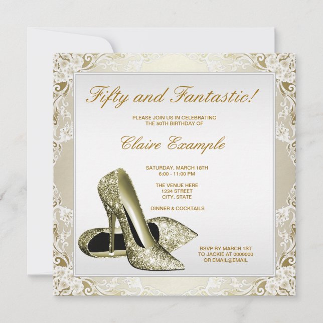 White Gold High Heels Womans 50th Birthday Invitation (Front)