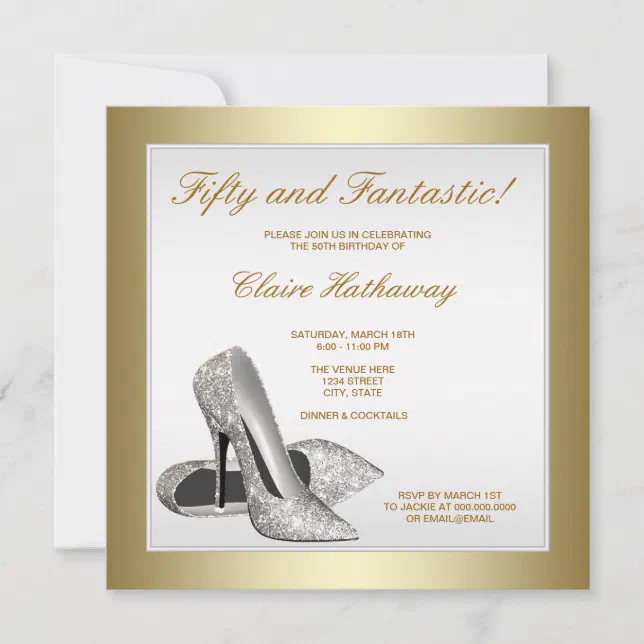 White Gold High Heels Womans 50th Birthday Invitation 