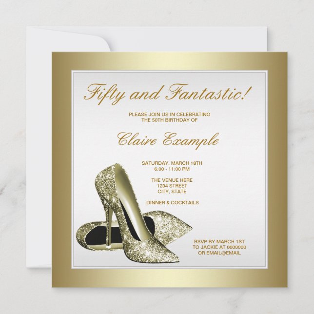 White Gold High Heels Womans 50th Birthday Invitation (Front)