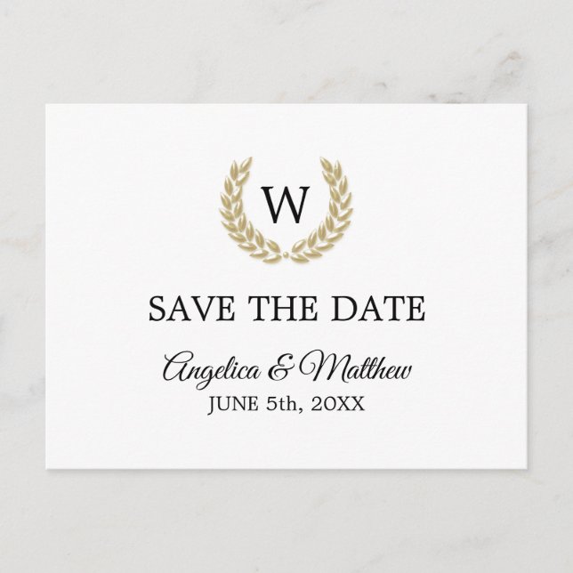 White Gold Laurel Monogram SAVE THE DATE Wedding Announcement Postcard (Front)