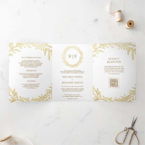 White Gold Leaf Branch QR Code Wedding Tri-Fold Invitation