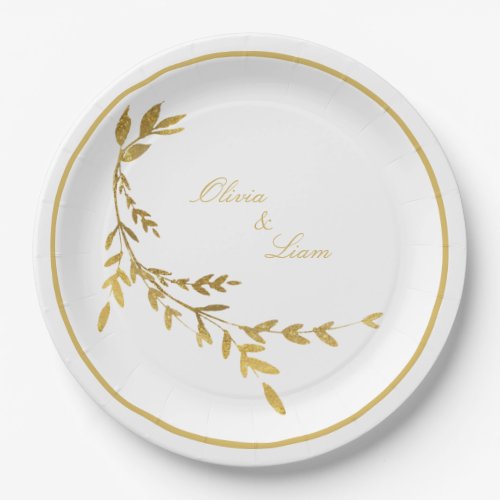 White Gold Leaf Elegant Name Script Wedding Paper Plates