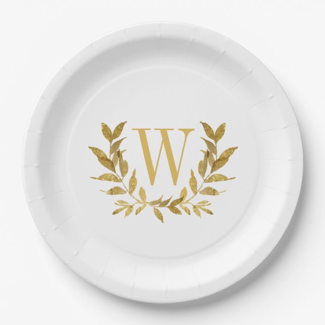 White Gold Leaf Monogram Elegant Chic Wedding Paper Plates (Front)