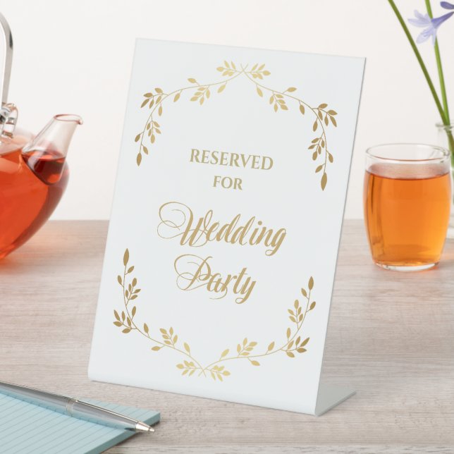 White Gold Leaf Wreath Wedding Party Reserved Pedestal Sign (In SItu)