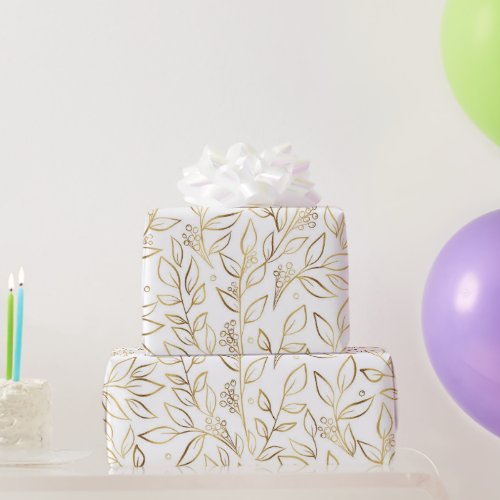 White Gold Leaves Berries Floral Wrapping Paper
