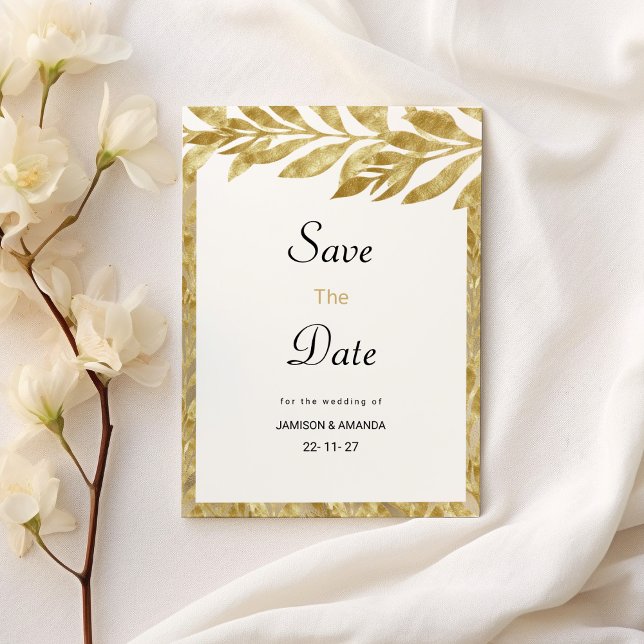 White gold leaves elegance floral Save The Date Invitation (White gold leaves elegance floral Save The Date )