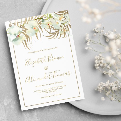 White gold leaves elegant orchid floral wedding invitation