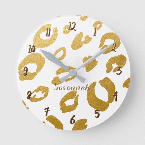 White  Gold Leopard Cheetah Glam Personalized Round Clock